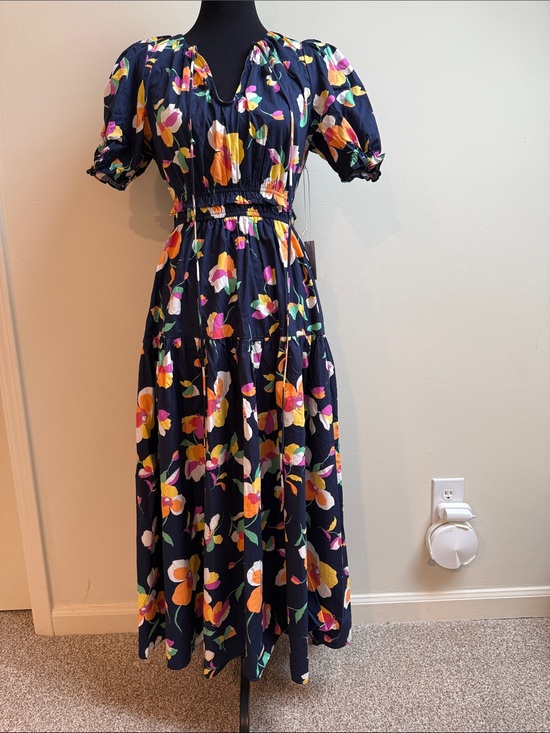 Meet Me In Santorini Dresses & Skirts - Meet Me in Santorini Navy Floral Puff-Sleeve Maxi Dress with Cinched Waist